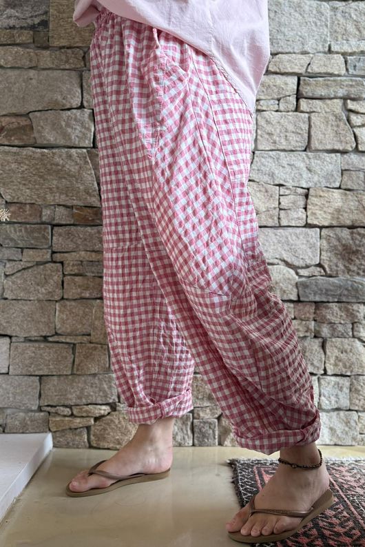 Nonni Gingham Classic Barrel Pant Deep Rose